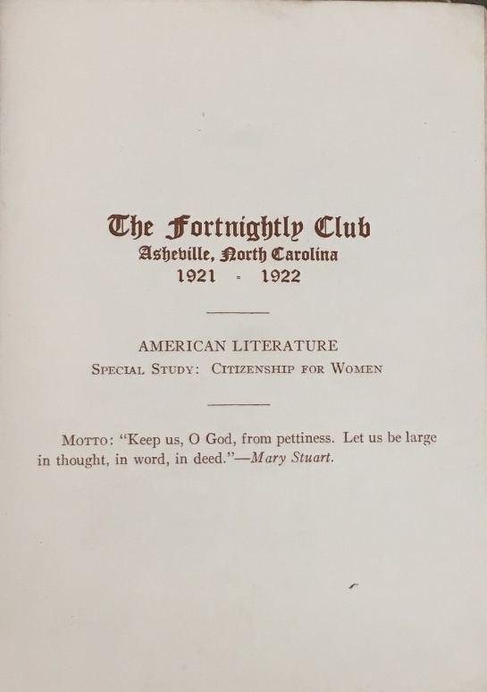 Title page of the Fortnightly Club's annual program, 1921. Western Regional Archives, Asheville, NC.