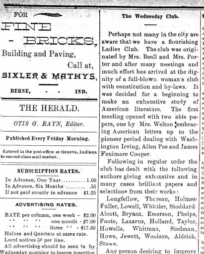 Newspaper column about Gene Stratton-Porter's 'The Wednesday Club.' Geneva Herald, May 18, 1894.