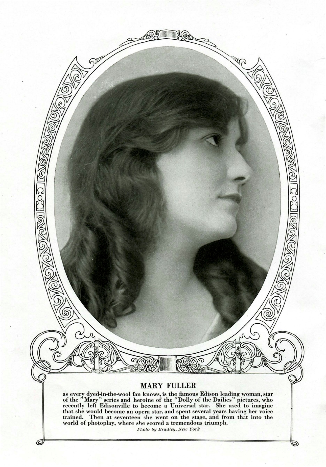 Promotional portrait of Mary Fuller appealing to 'dyed-in-the-wool fans.' Photoplay, November 1914.