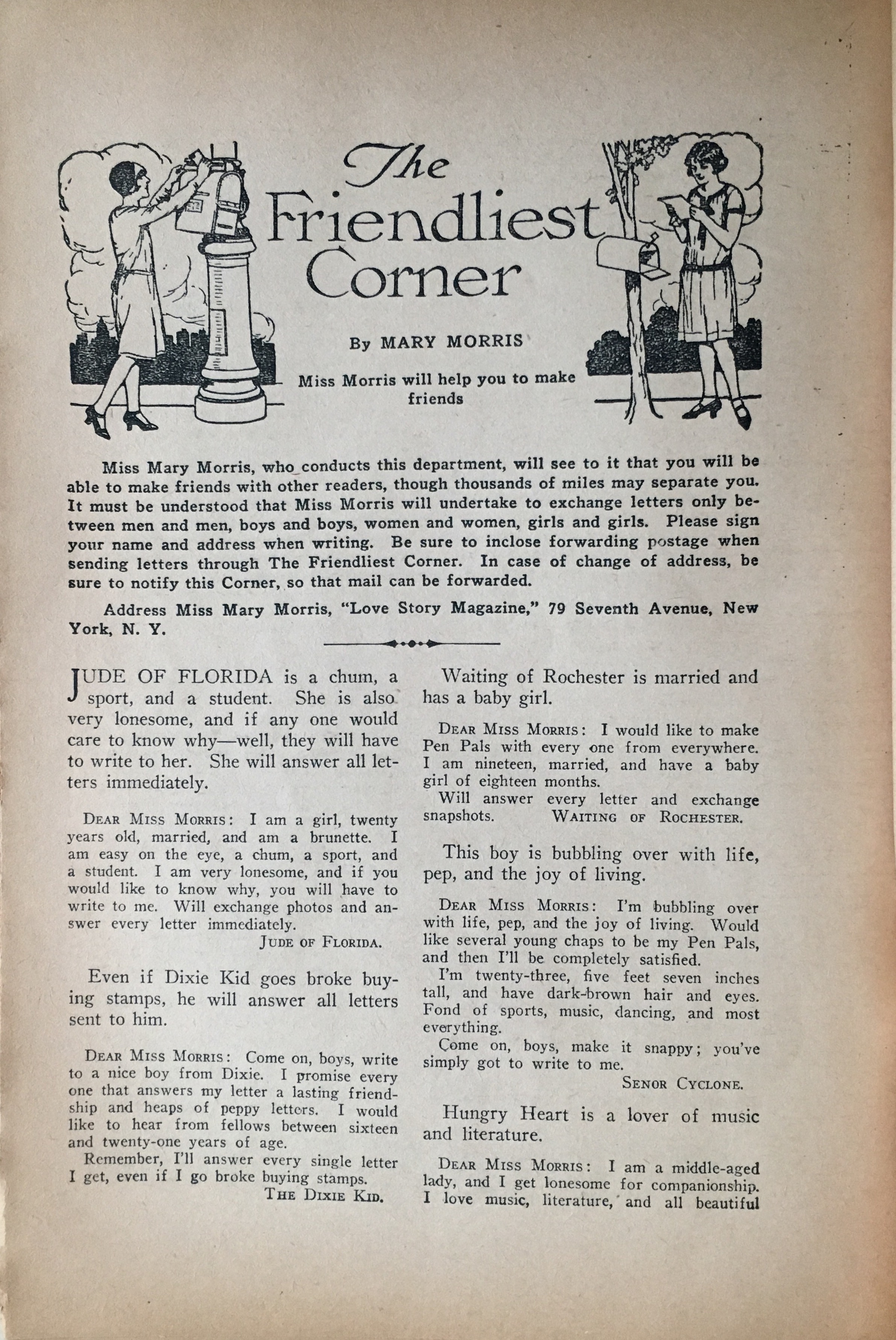 The Friendliest Corner, a pre-digital friending meme. Love Story Magazine, August 1929.