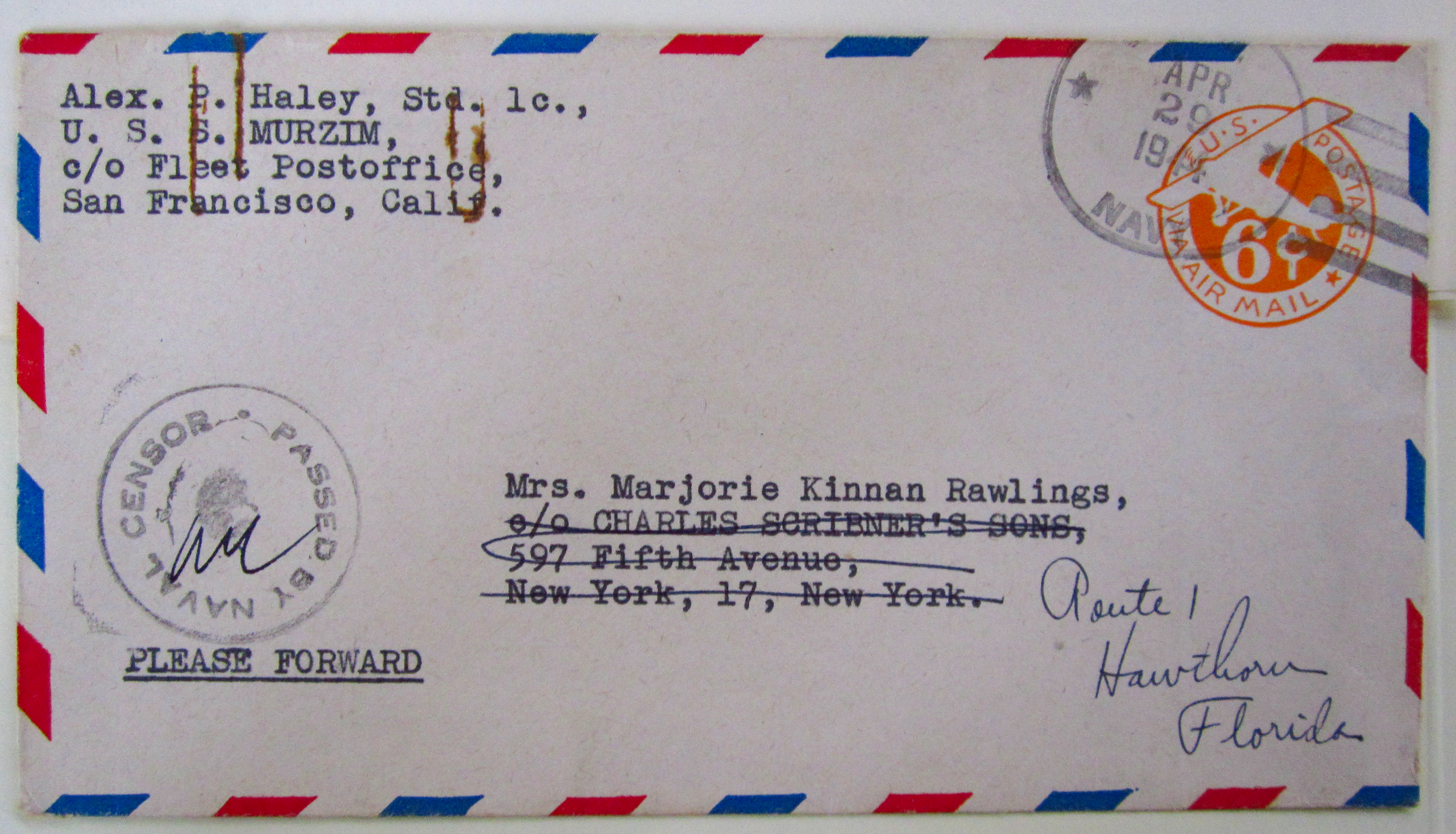 Envelope containing a fan letter from Alex P. Haley to Marjorie Kinnan Rawlings, 1944.